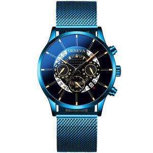 Luxury Men's Fashion Business Calendar Watches Blue Stainless Steel Mesh Belt Analog Quartz Watch relogio masculino