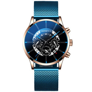 Luxury Men's Fashion Business Calendar Watches Blue Stainless Steel Mesh Belt Analog Quartz Watch relogio masculino